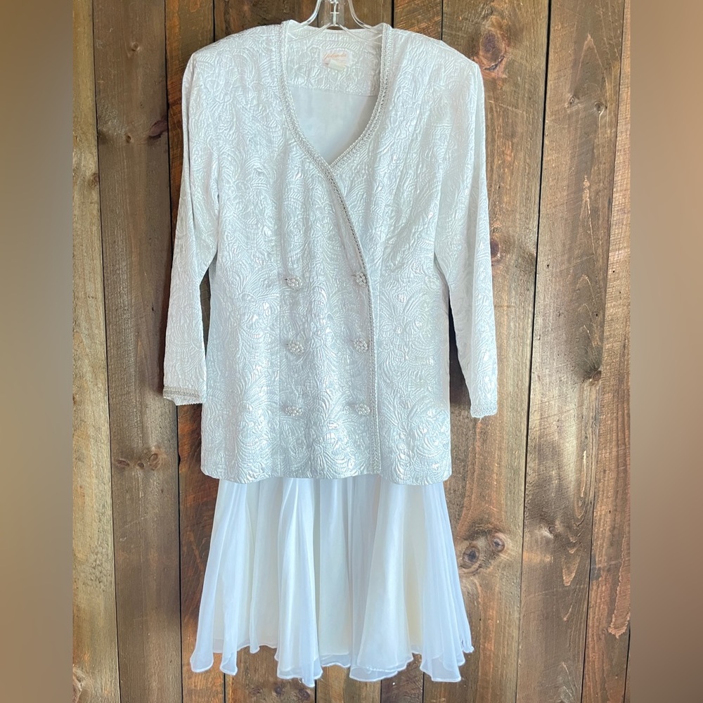 Women’s Formal White and Silver Brocade Dress Set
